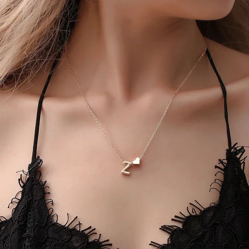 Tiny Heart Dainty Initial Necklace - Gold & Silver Color Letter Name Choker for Women
