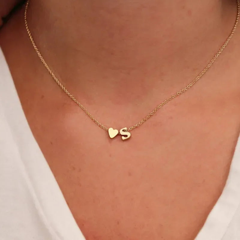 Tiny Heart Dainty Initial Necklace - Gold & Silver Color Letter Name Choker for Women